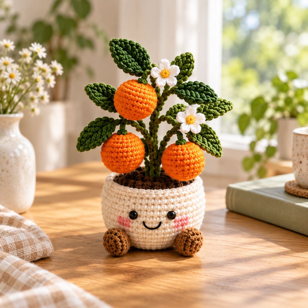 Orange crochet plant decor with bright orange fruit, green leaves, and white flowers