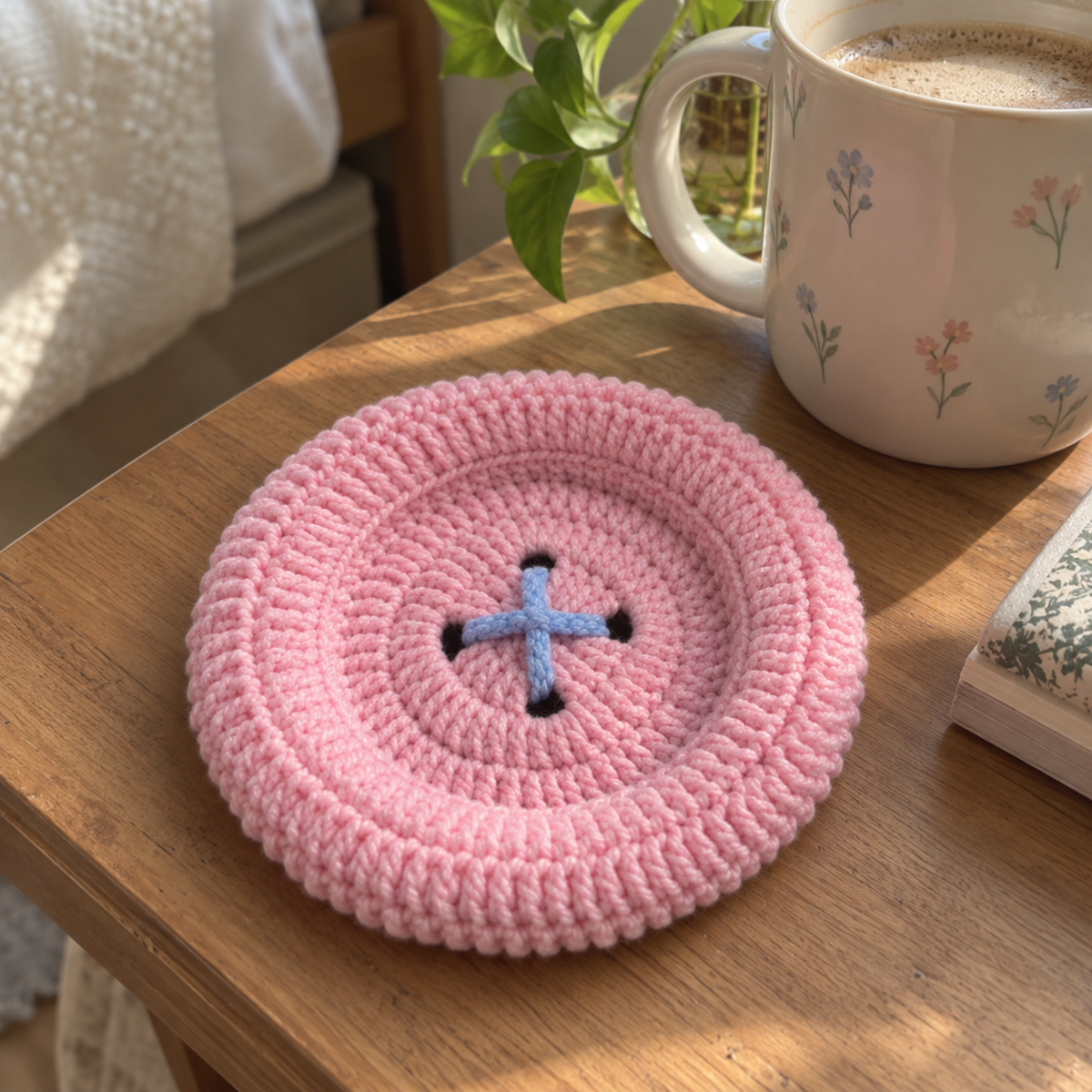 Blush Pink crochet button-style coaster beside a floral mug