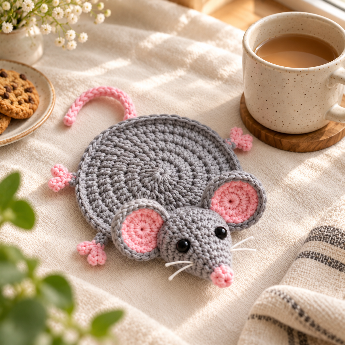 Gray mouse crochet coaster with pink ears and long tail