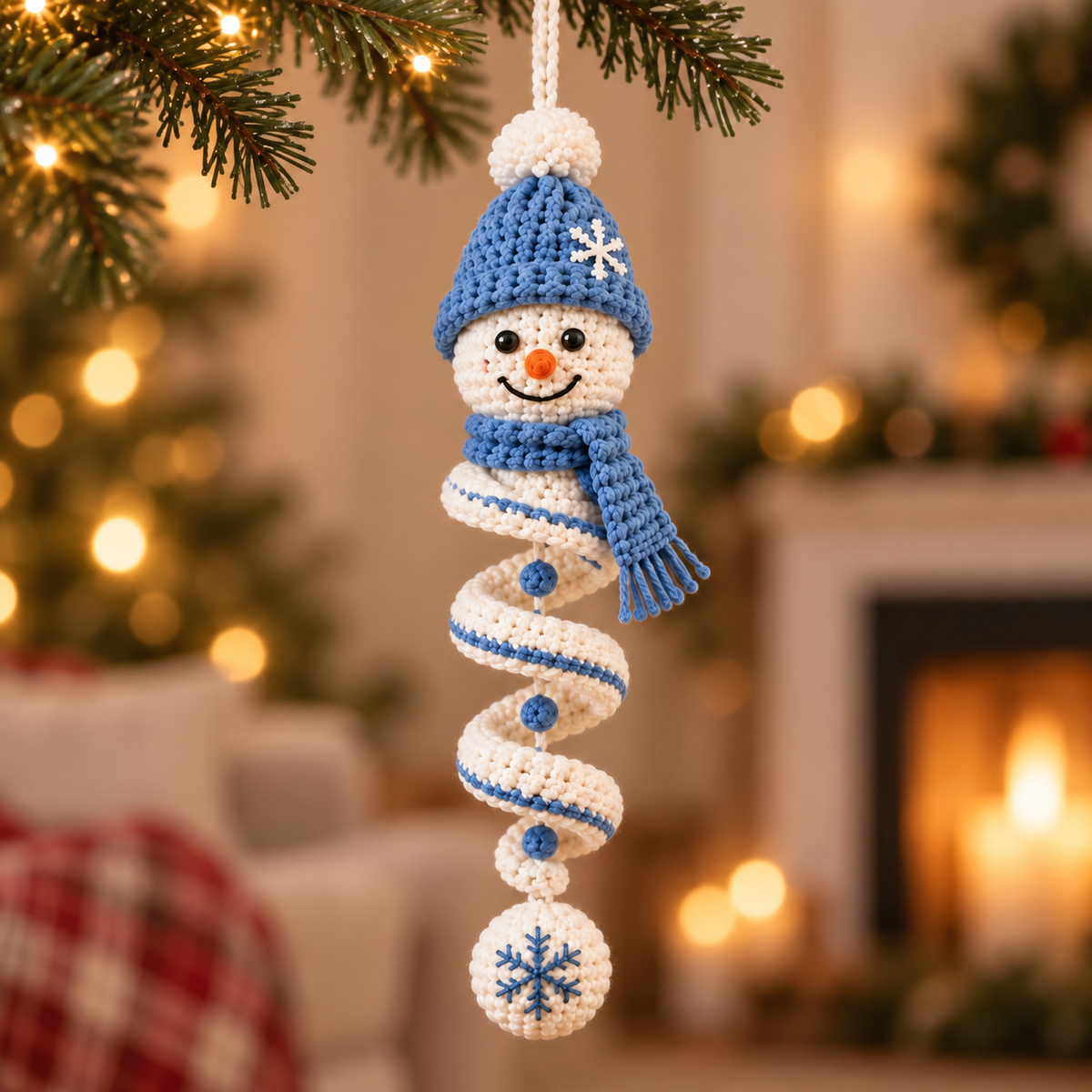 Frost Blue Beanie crochet snowman spiral ornament hanging near Christmas decorations