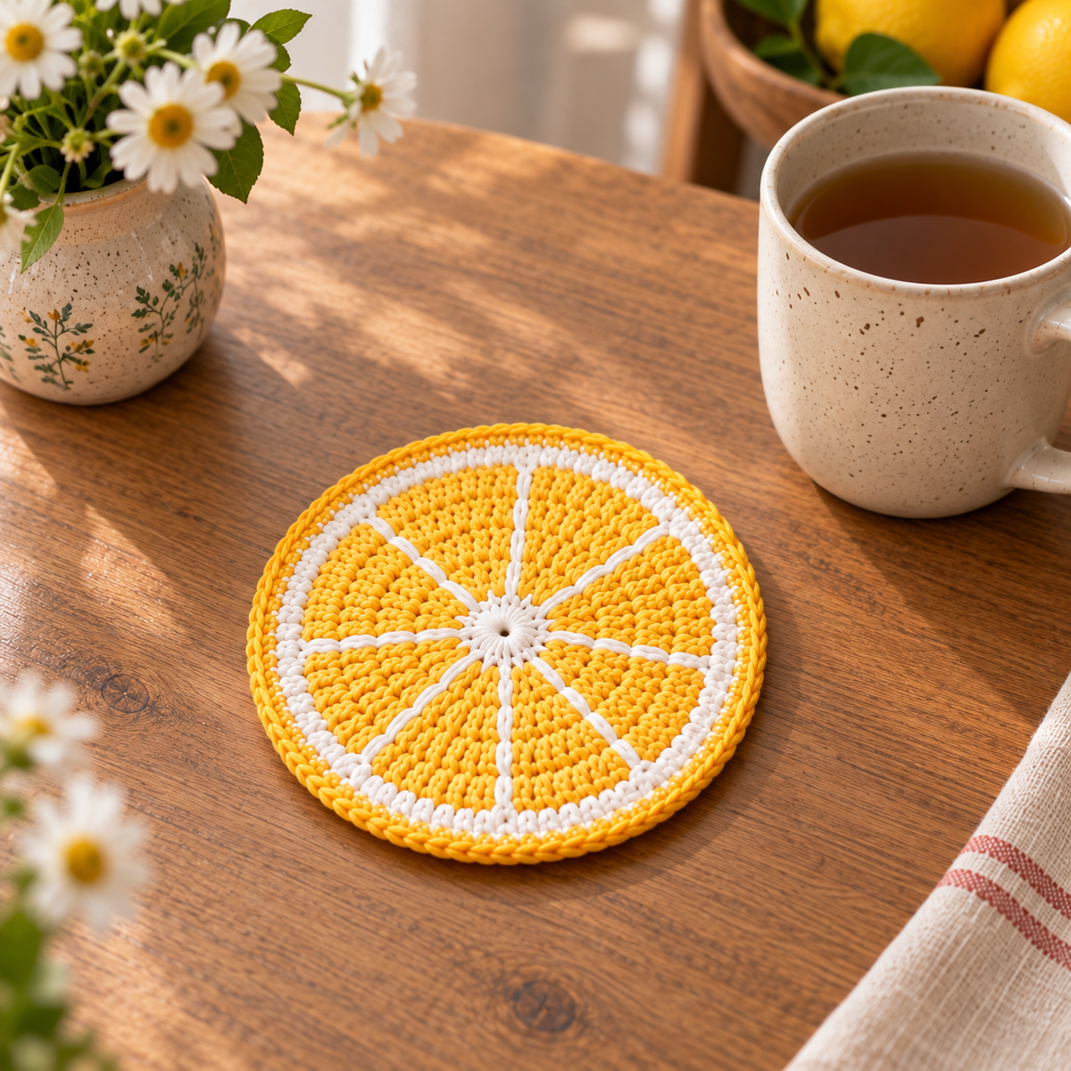 Lemon crochet coaster displayed beside a mug and small white flowers
