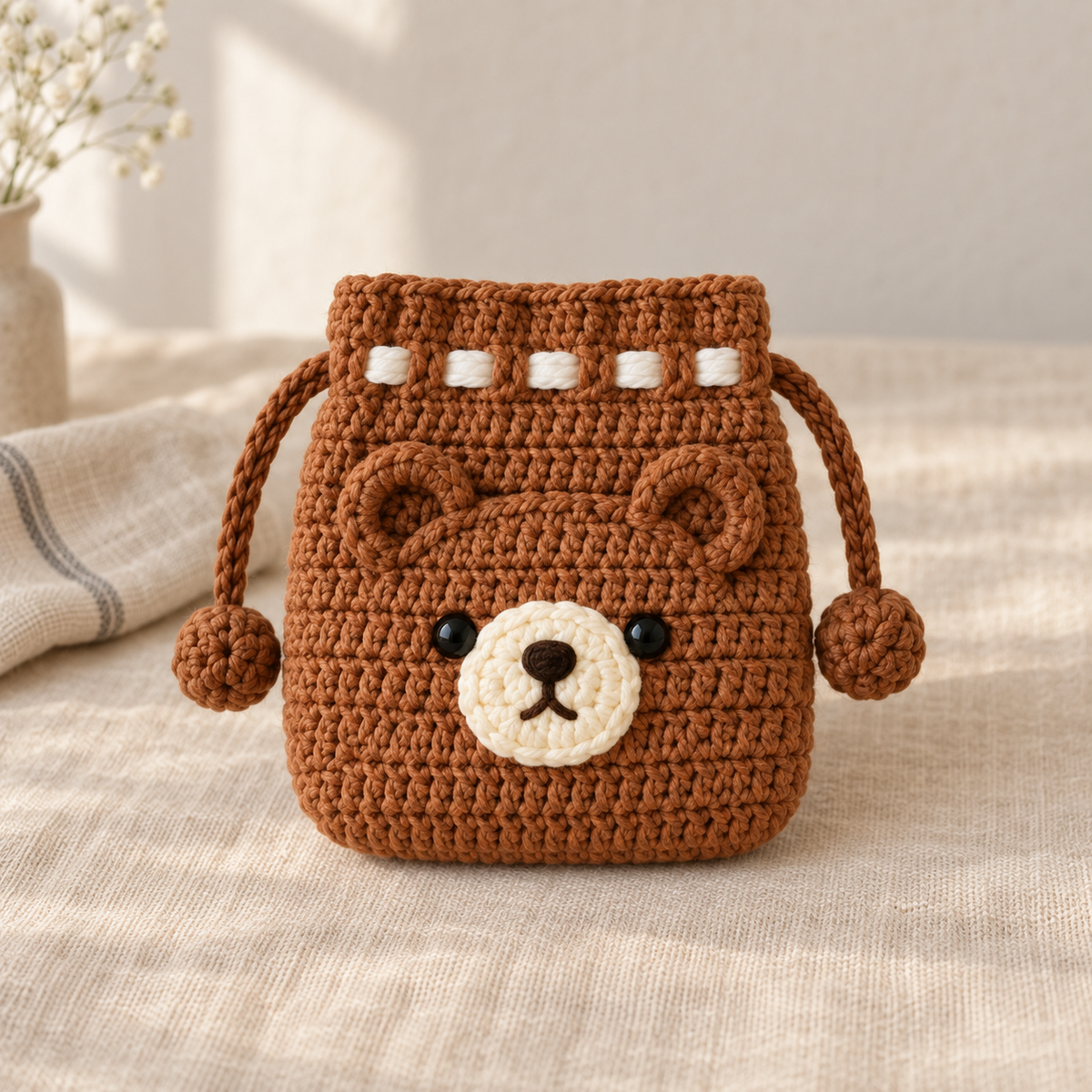 Crochet Bear drawstring pouch in brown yarn with a cute bear face