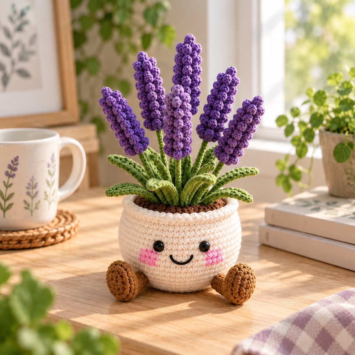 Lavender style crochet plant decor in a small smiling pot