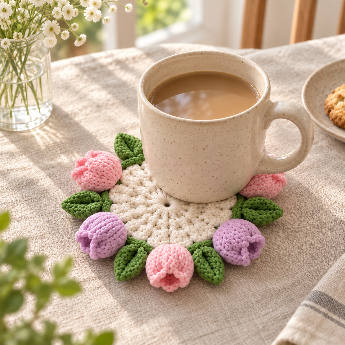 Handmade Tulip crochet coaster displayed beside a mug
