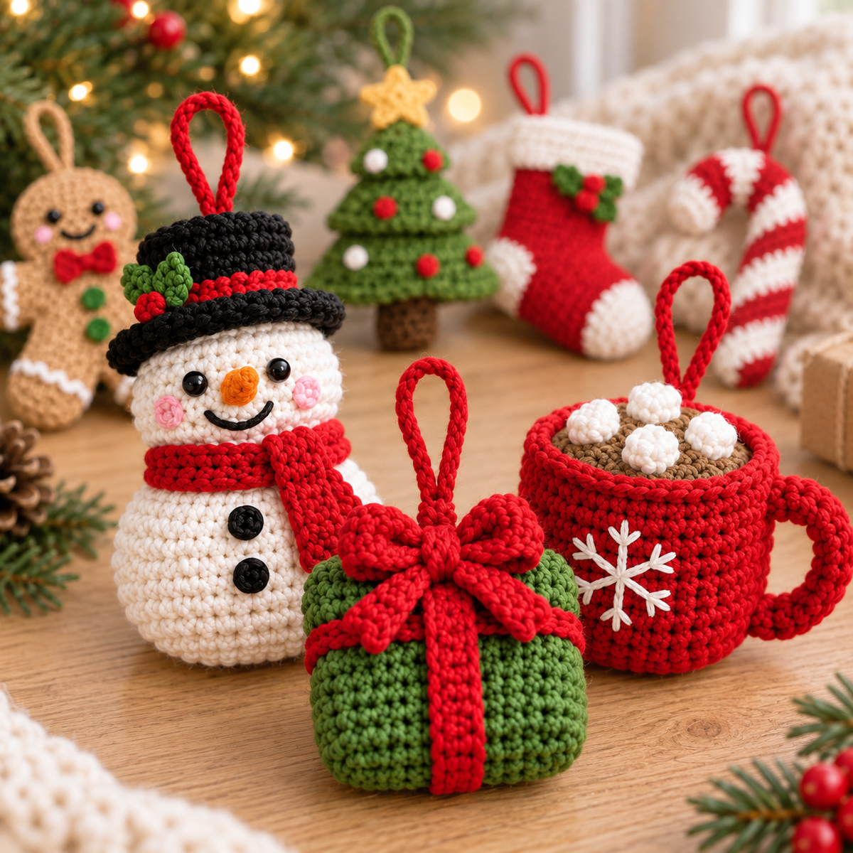 Close-up of mini crochet Christmas ornaments including Snowman, Wrapped Gift, and Hot Cocoa Mug