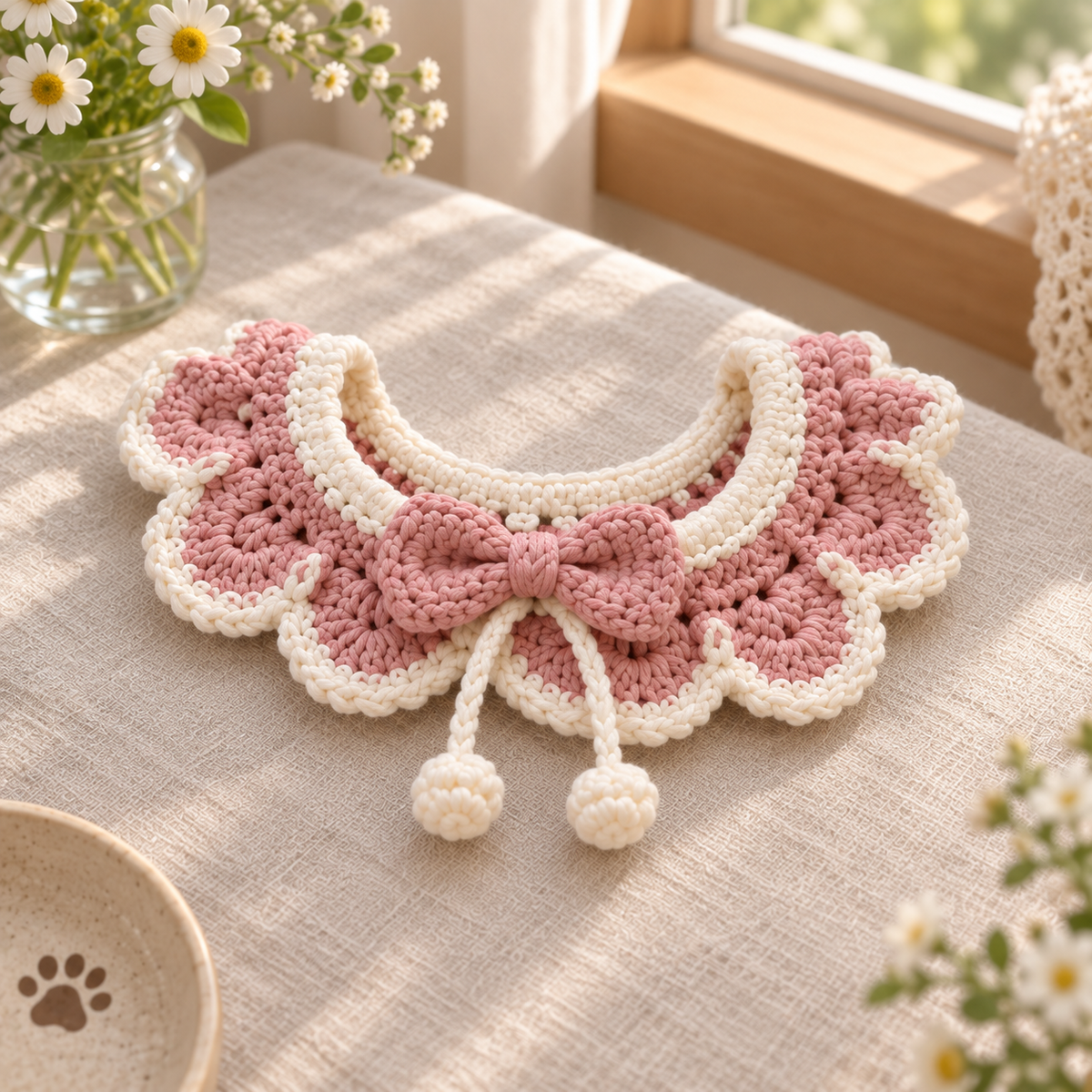 Rosy Bow crochet pet collar in blush pink and cream with decorative bow