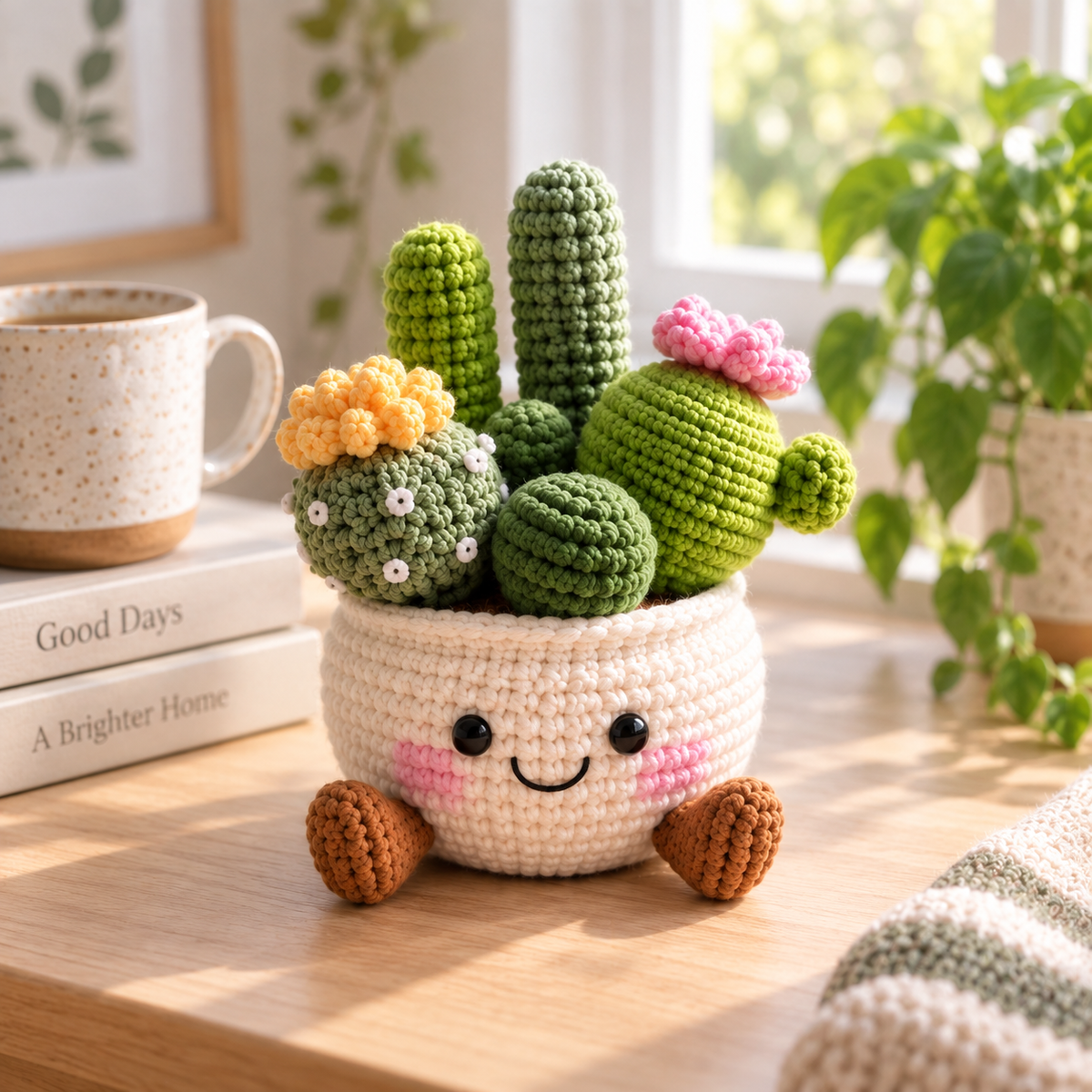 Style 2 crochet succulent decor with mixed cactus shapes and small colorful flowers