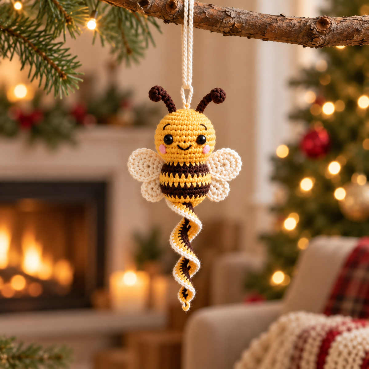 Honey Bee crochet spiral ornament with yellow and black body and soft wings