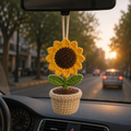 Sunflower Pot crochet car hanging with a sunflower growing from a small crochet pot