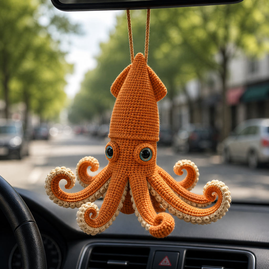 Squid crochet car hanging in orange displayed inside a car