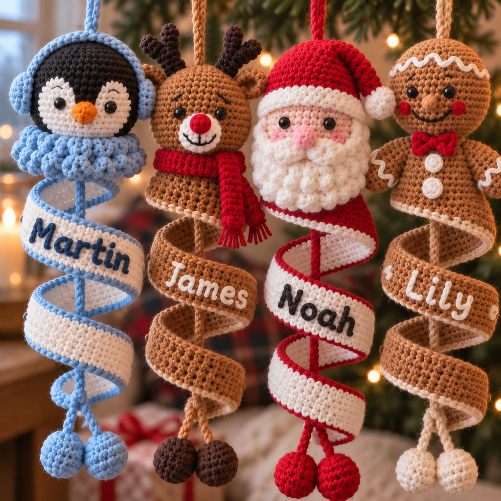 Personalized Christmas character crochet spiral ornaments displayed together in a cozy holiday setting