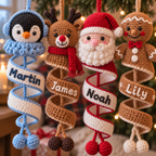 Personalized Christmas character crochet spiral ornaments displayed together in a cozy holiday setting