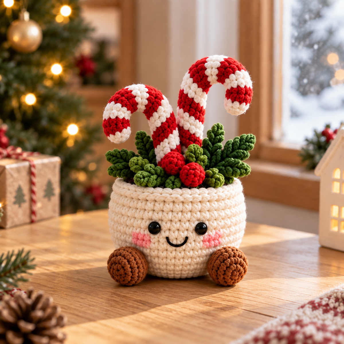 Candy Cane crochet plant decor in a smiling cream pot with festive red and white stripes