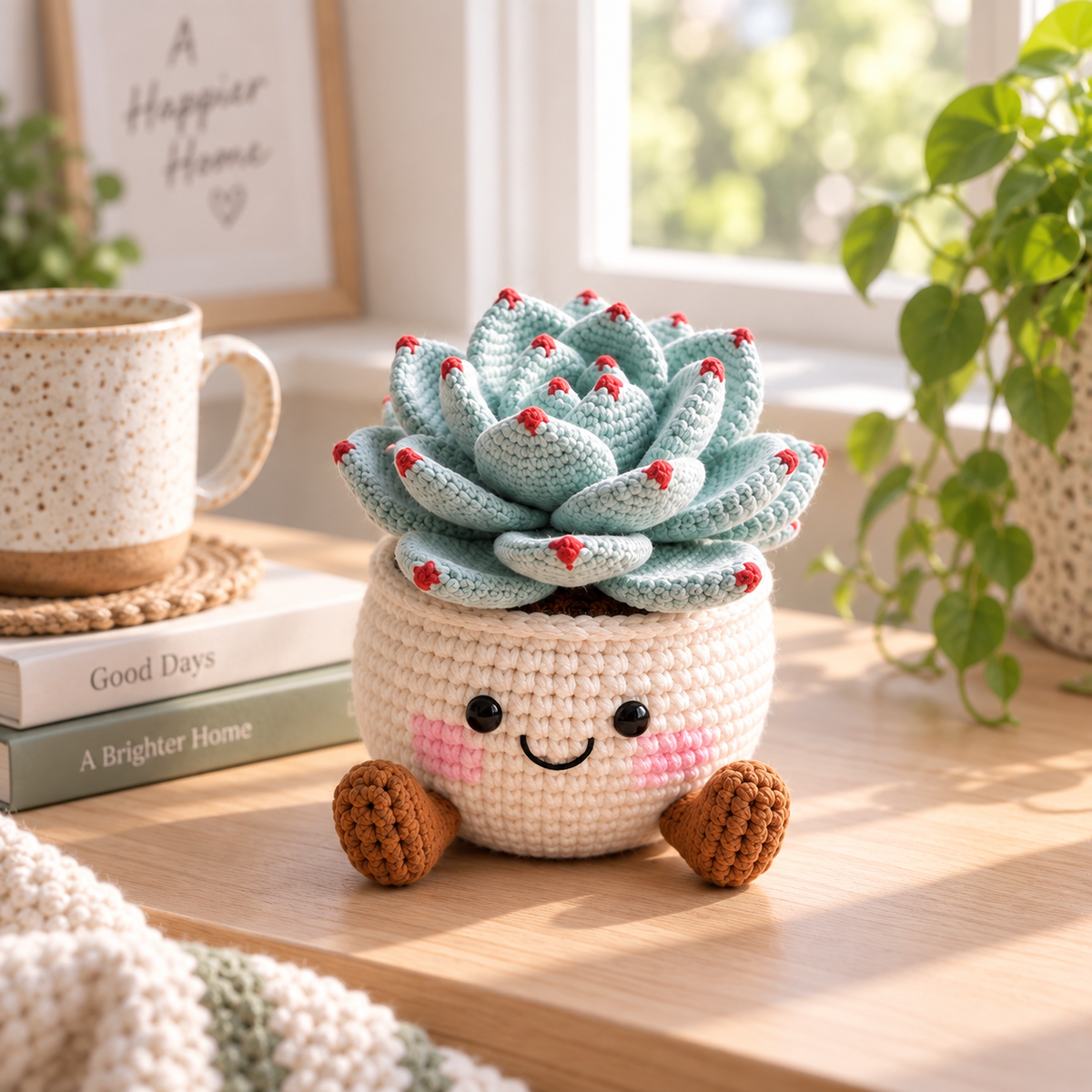Style 3 crochet succulent decor with blue green rosette leaves and smiling cream pot