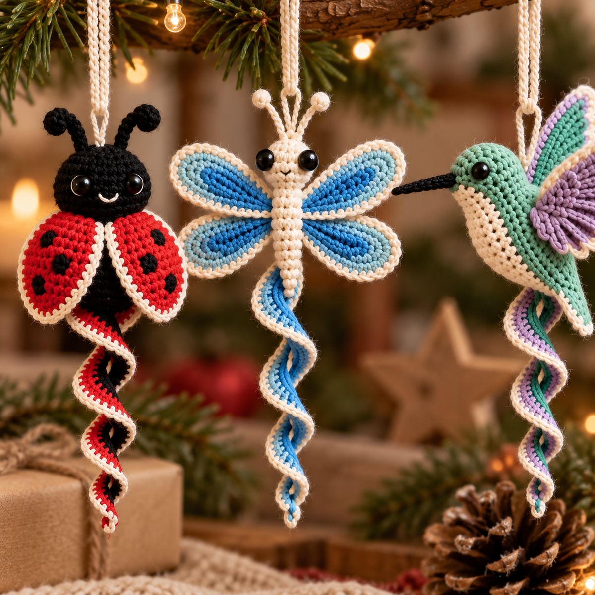 Ladybug, Blue Dragonfly, and Hummingbird crochet spiral ornaments displayed together