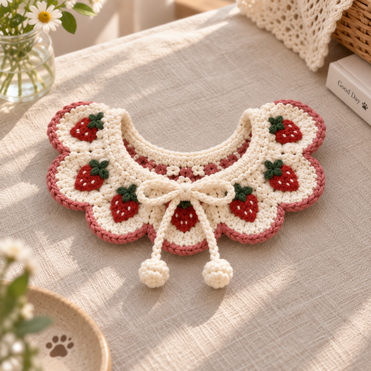 Strawberry crochet pet collar with red strawberry details and white ruffled trim