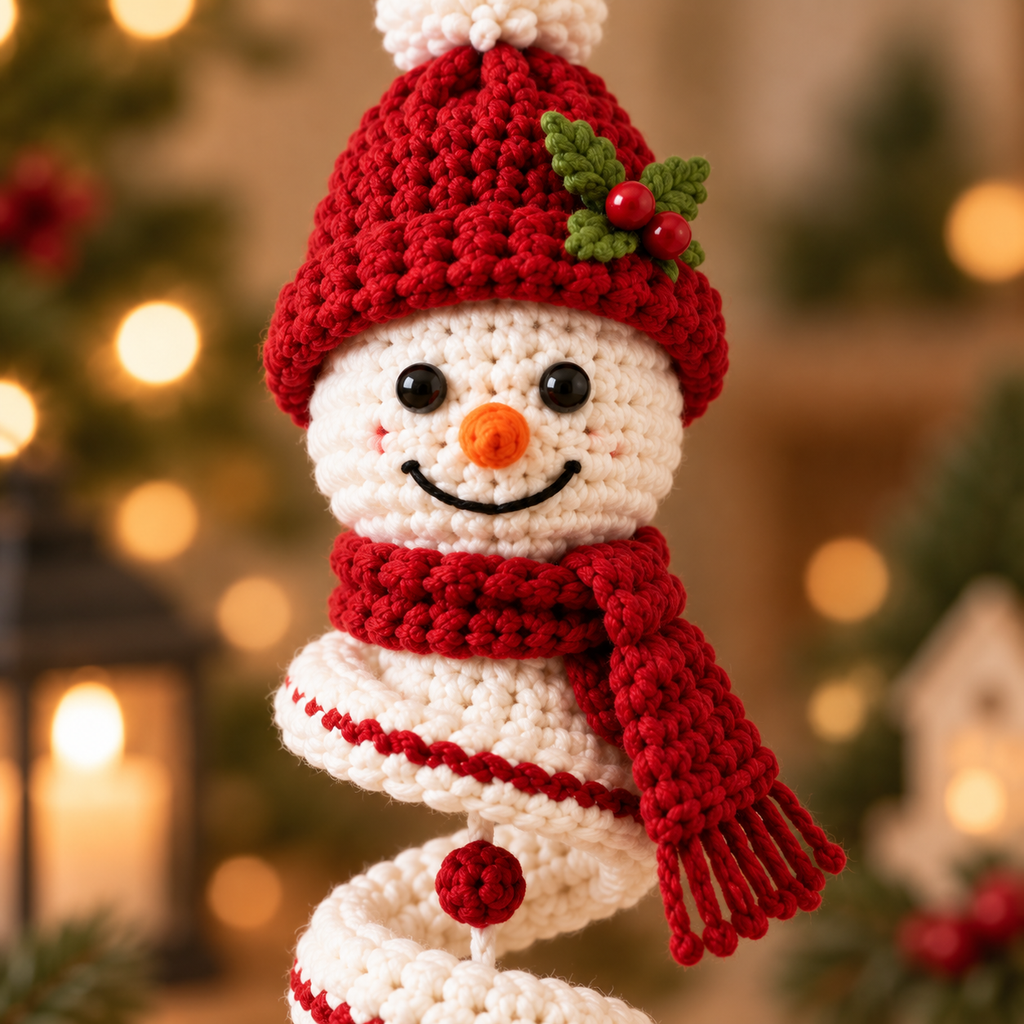 Close-up of Holly Red Beanie snowman ornament showing crochet stitches, scarf, and facial details
