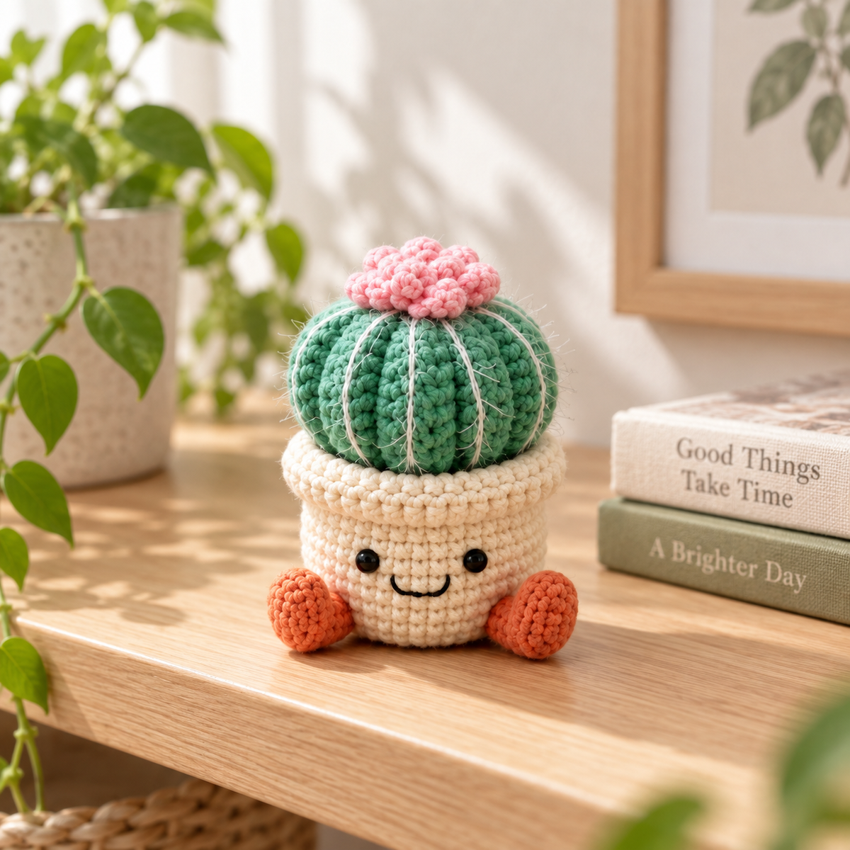 Style 4 crochet cactus decor with pink flower and smiling cream pot
