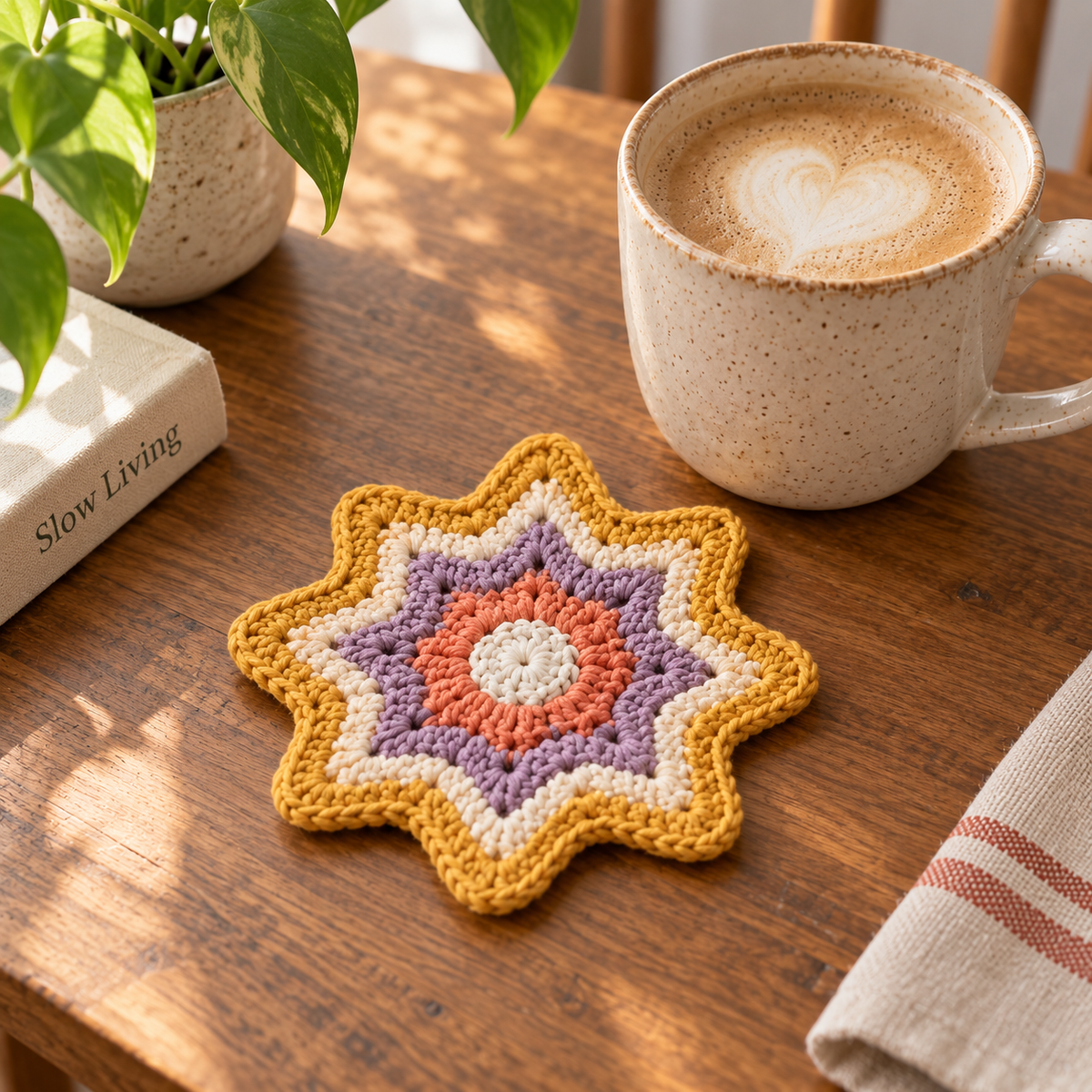 Sunburst Star crochet coaster in a colorful star-inspired shape on a wooden table