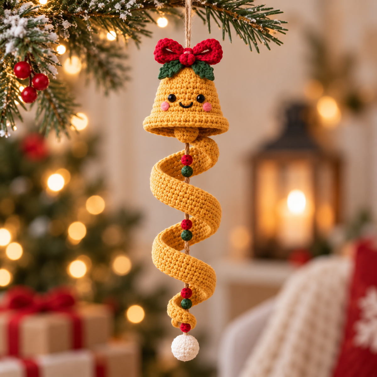 Bell crochet spiral Christmas ornament with red bow and warm holiday background