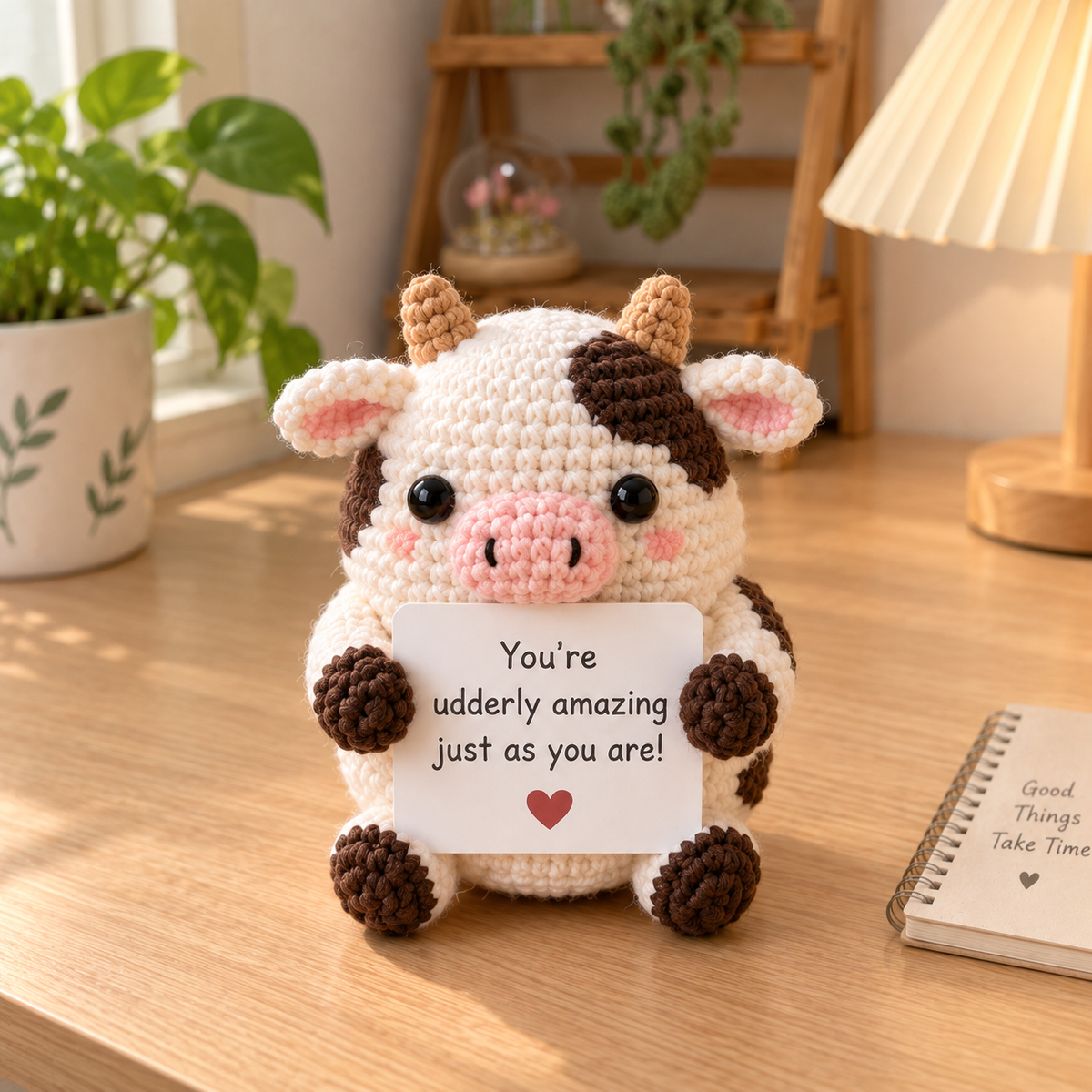 Cow amigurumi emotional support character with personalized message