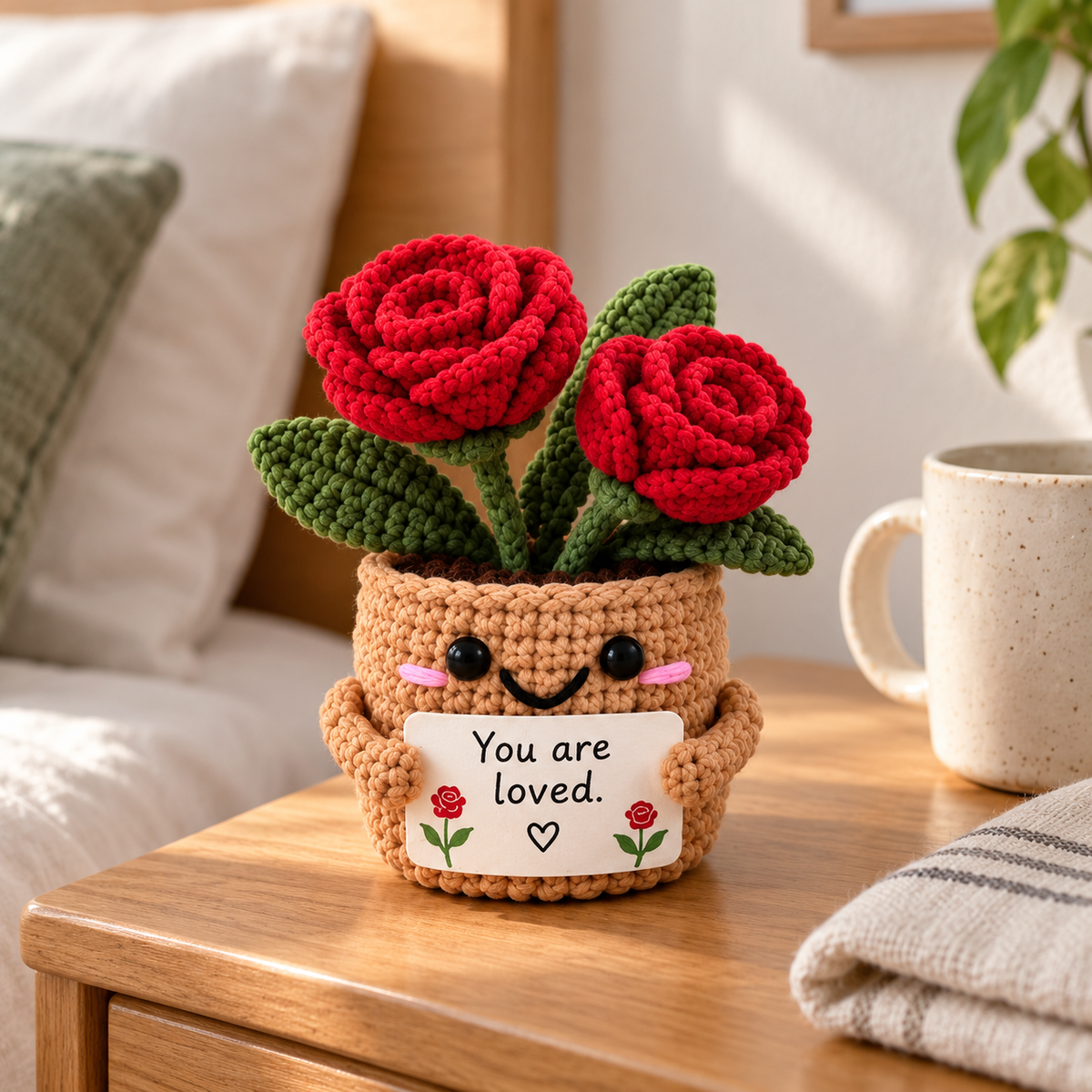 Rose crochet flower pot emotional support gift with red blooms and custom message card