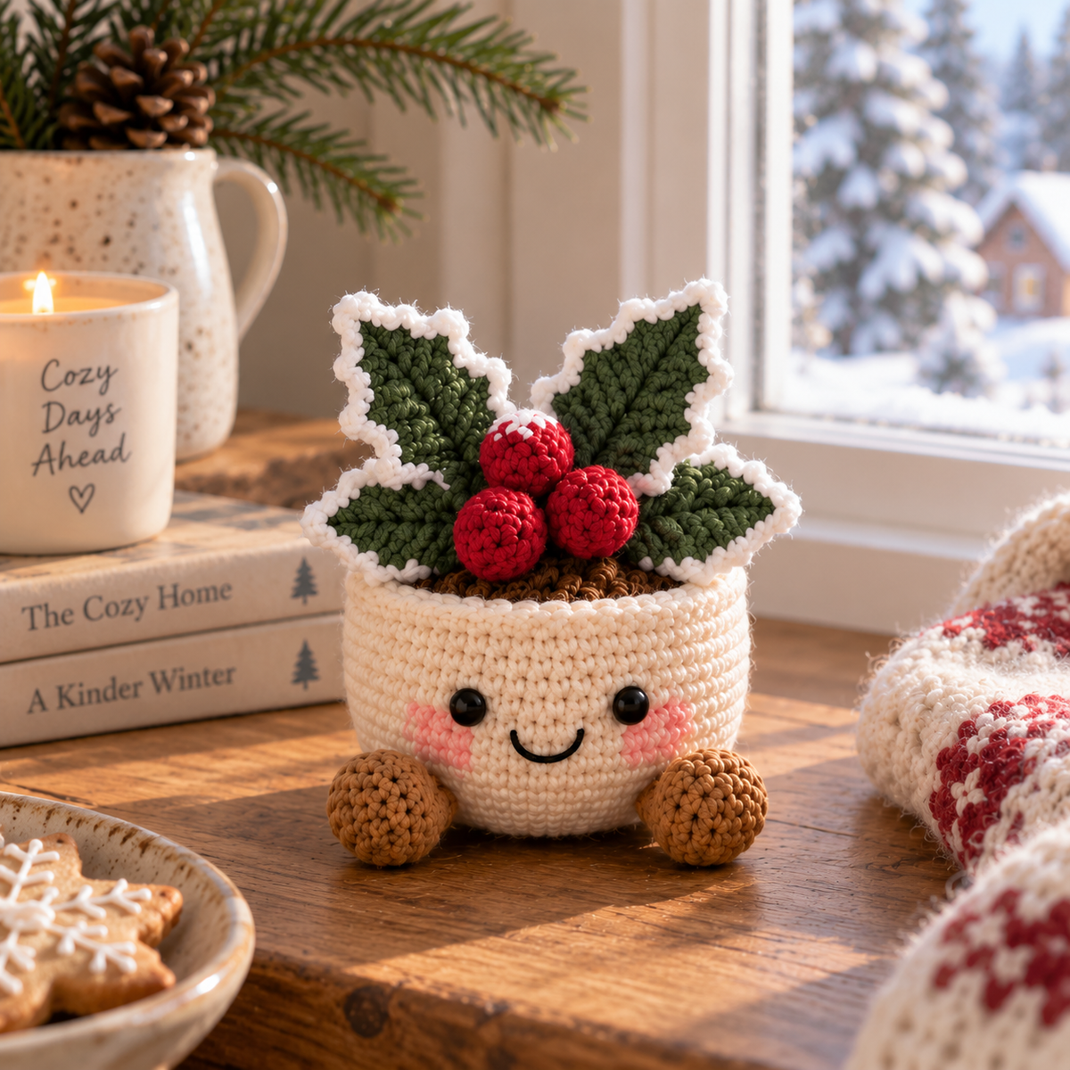 Frosted Holly crochet winter decor with green holly leaves and red berries in a smiling cream pot