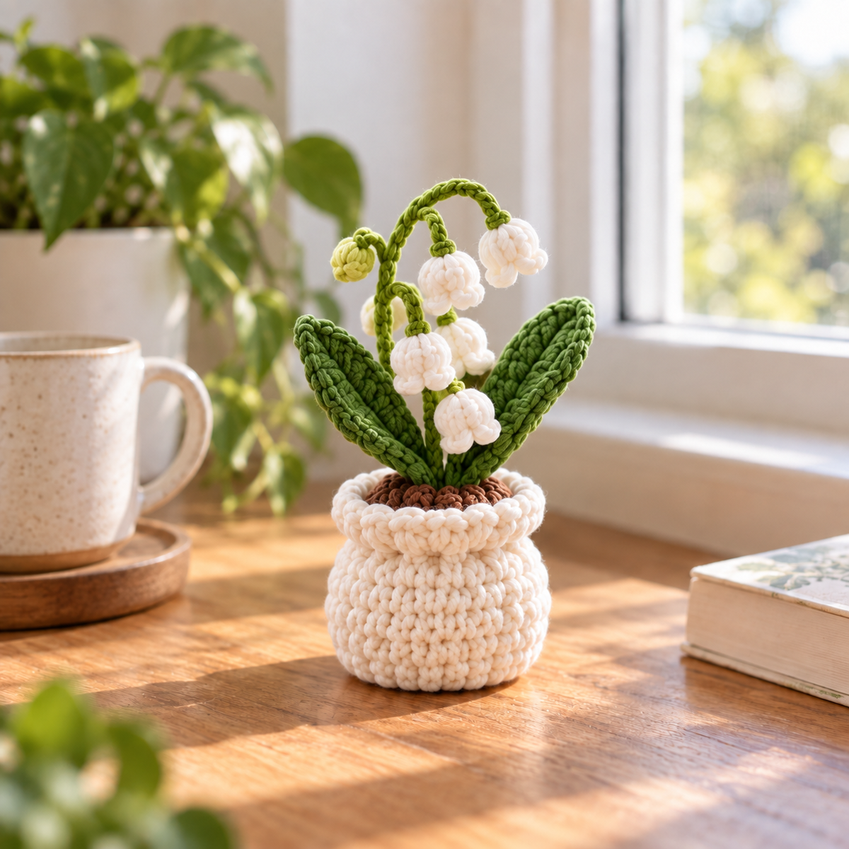 May Lily of the Valley crochet birth month flower pot with small white bell-shaped flowers