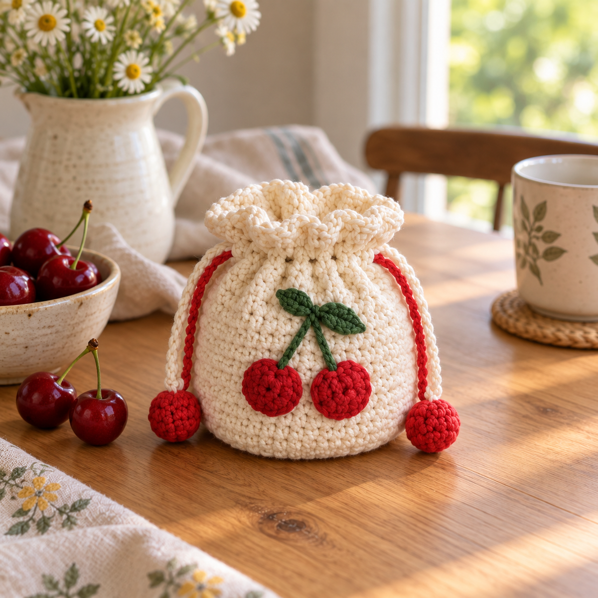 Cherry crochet drawstring pouch in cream with red cherry detail