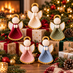 Five crochet angel ornaments arranged among Christmas gifts and festive decorations