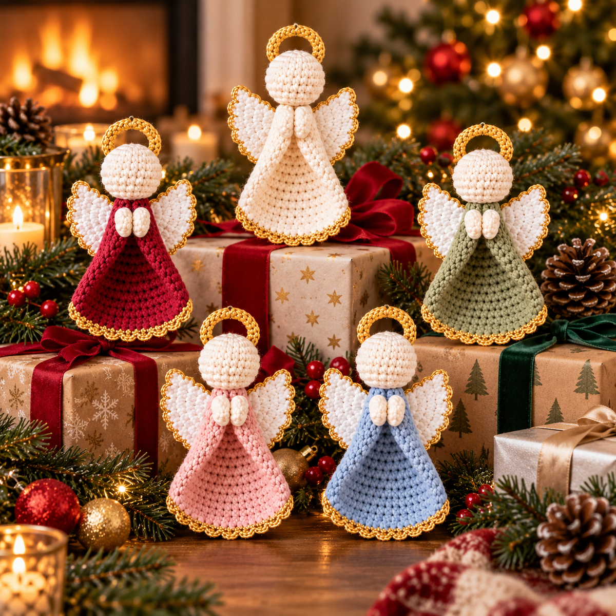 Five crochet angel ornaments arranged among Christmas gifts and festive decorations