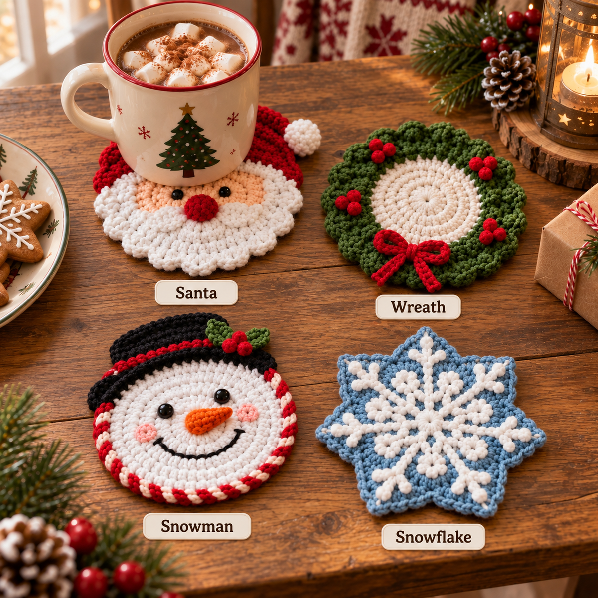 Christmas crochet coasters labeled Santa, Wreath, Snowman, and Snowflake