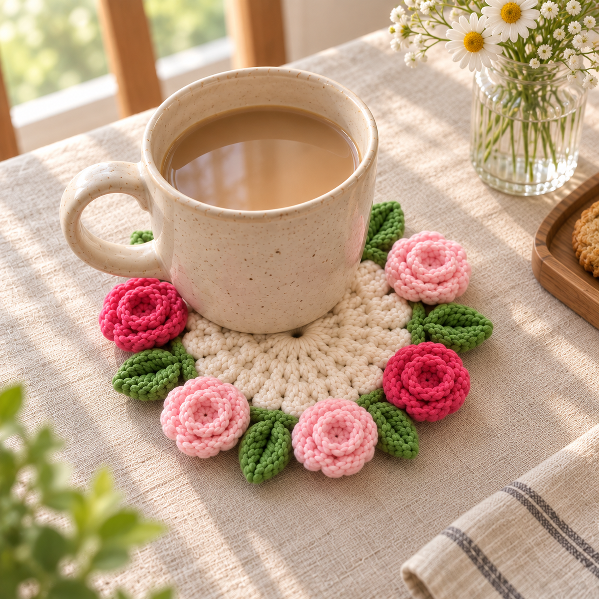 Handmade Rose crochet coaster displayed beside a mug