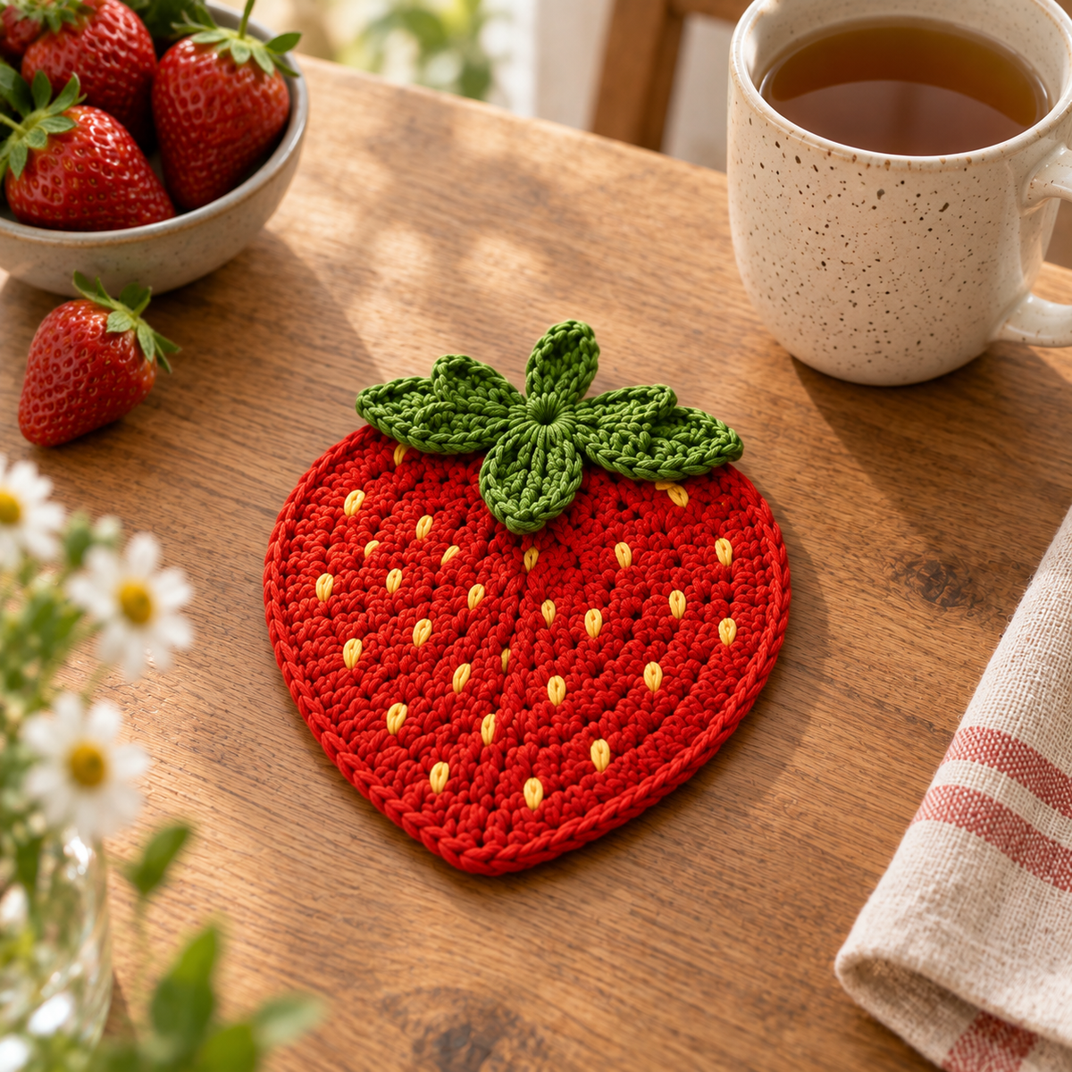 Strawberry crochet coaster displayed on a wooden table beside a mug