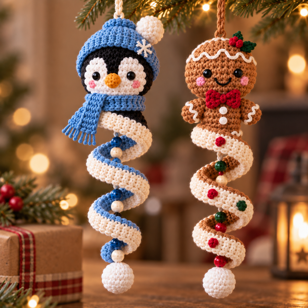 Penguin and Gingerbread crochet spiral ornaments displayed together in a warm holiday scene