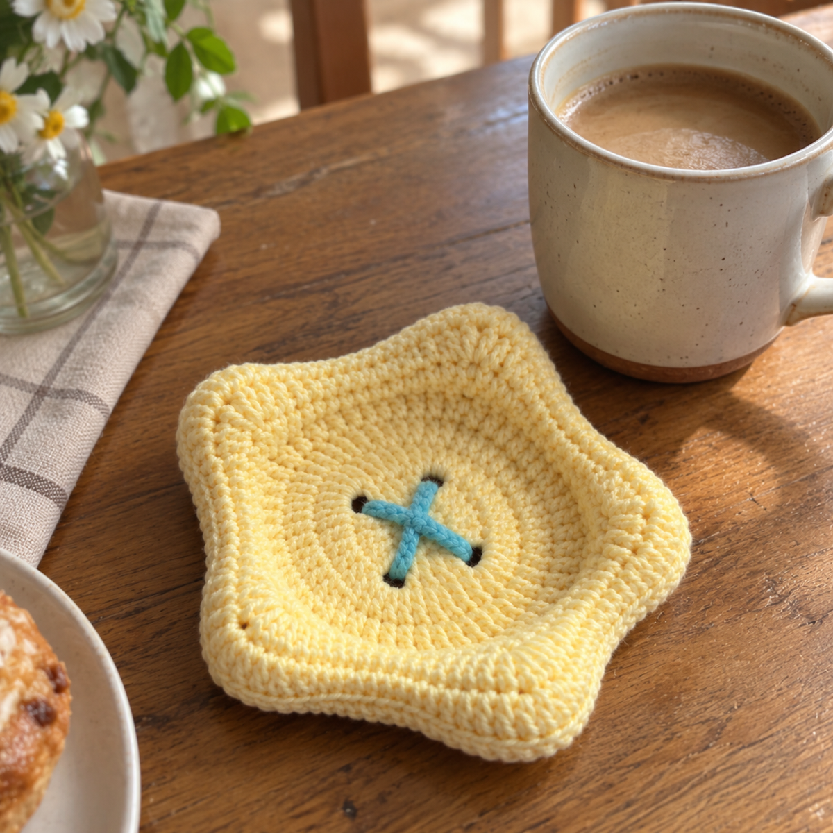 Butter Yellow crochet button-style coaster beside a ceramic mug