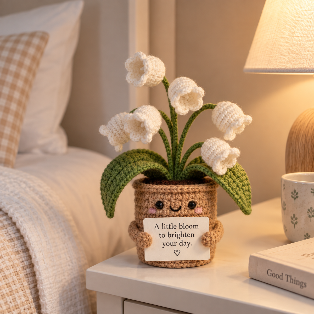 Ivory crochet flower pot emotional support gift with personalized message card