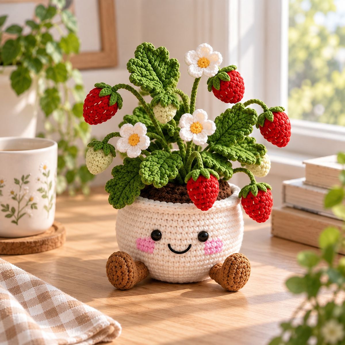 Strawberry style crochet plant decor in a small smiling pot