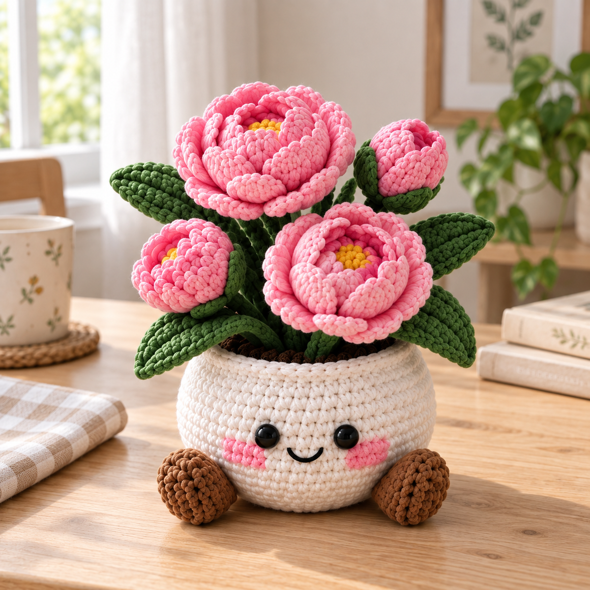 Peony crochet flower pot decor with layered pink blooms and green leaves
