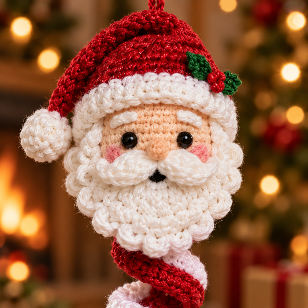 Close-up of Santa crochet ornament showing handmade stitches, beard, and hat details