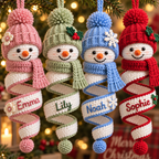 Personalized crochet snowman spiral ornaments displayed together in four festive color styles