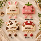 Custom Name Crochet Pet Hat – Bunny, Strawberry, Cow & Mushroom