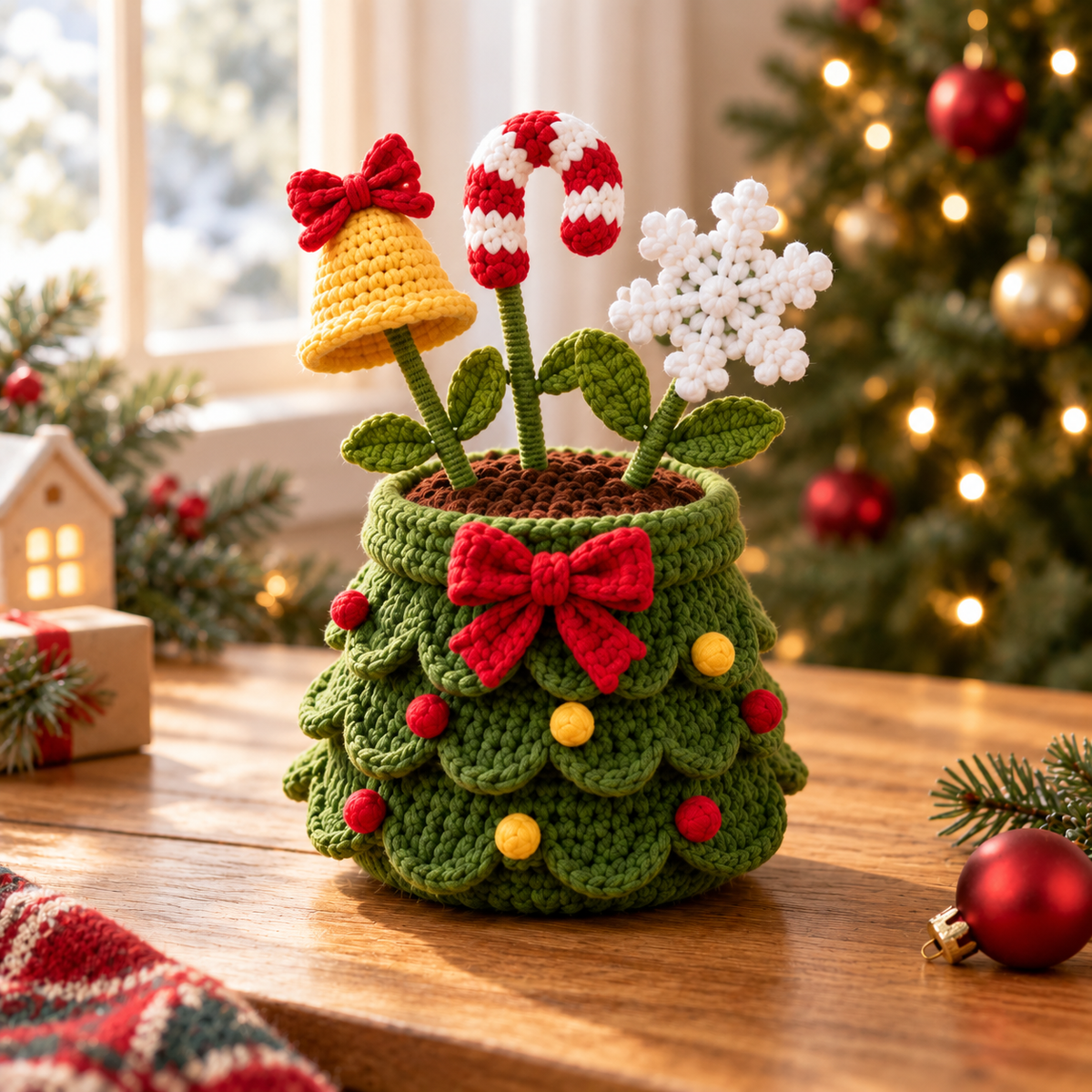 Style 4 crochet Christmas tree planter decor with bell, candy cane, and snowflake stems