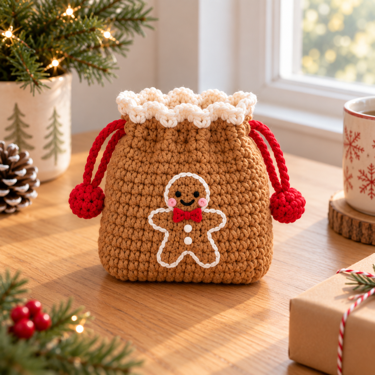 Gingerbread crochet drawstring pouch in brown with red cords and gingerbread character detail