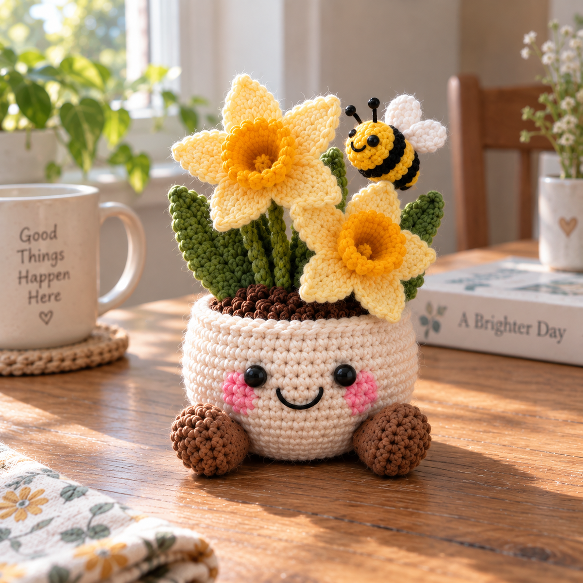 Style 5 crochet garden decor with yellow flowers and a small bee