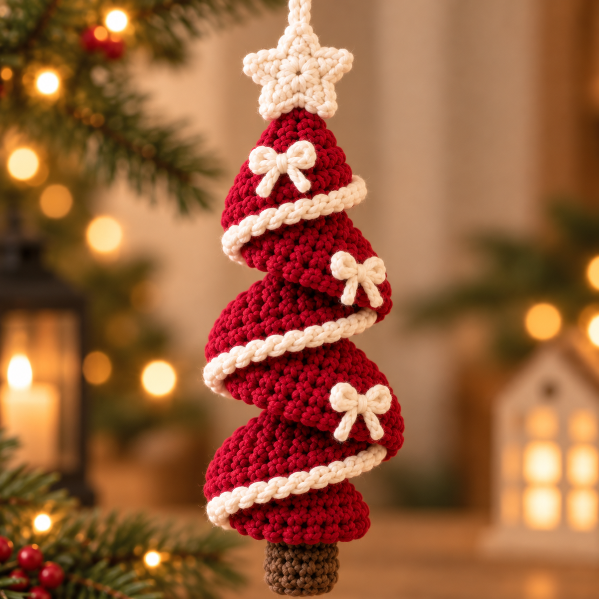 Close-up of Cranberry Red crochet spiral Christmas tree ornament showing handmade stitches and bow details