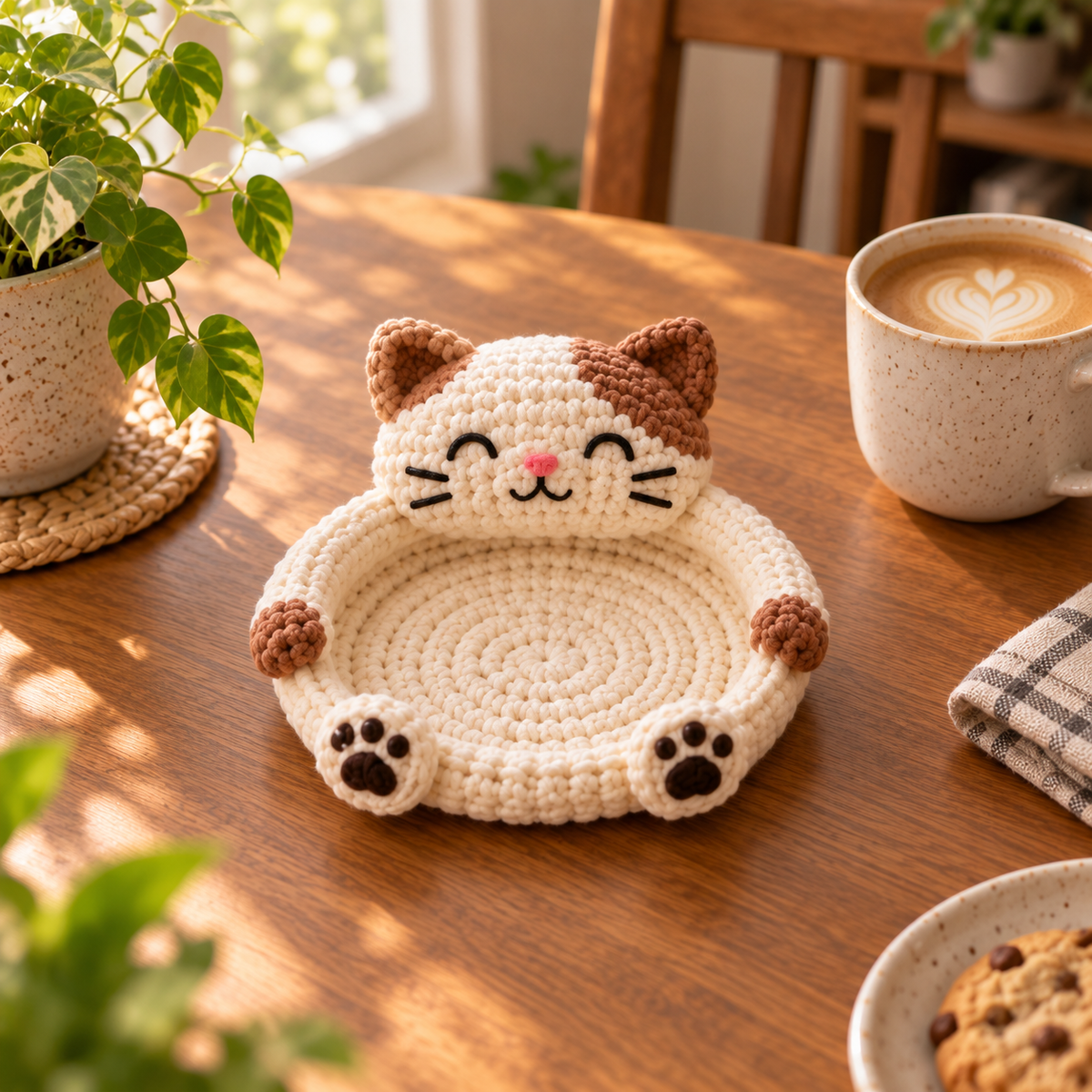Cat crochet animal coaster in cream with brown ears and paw details