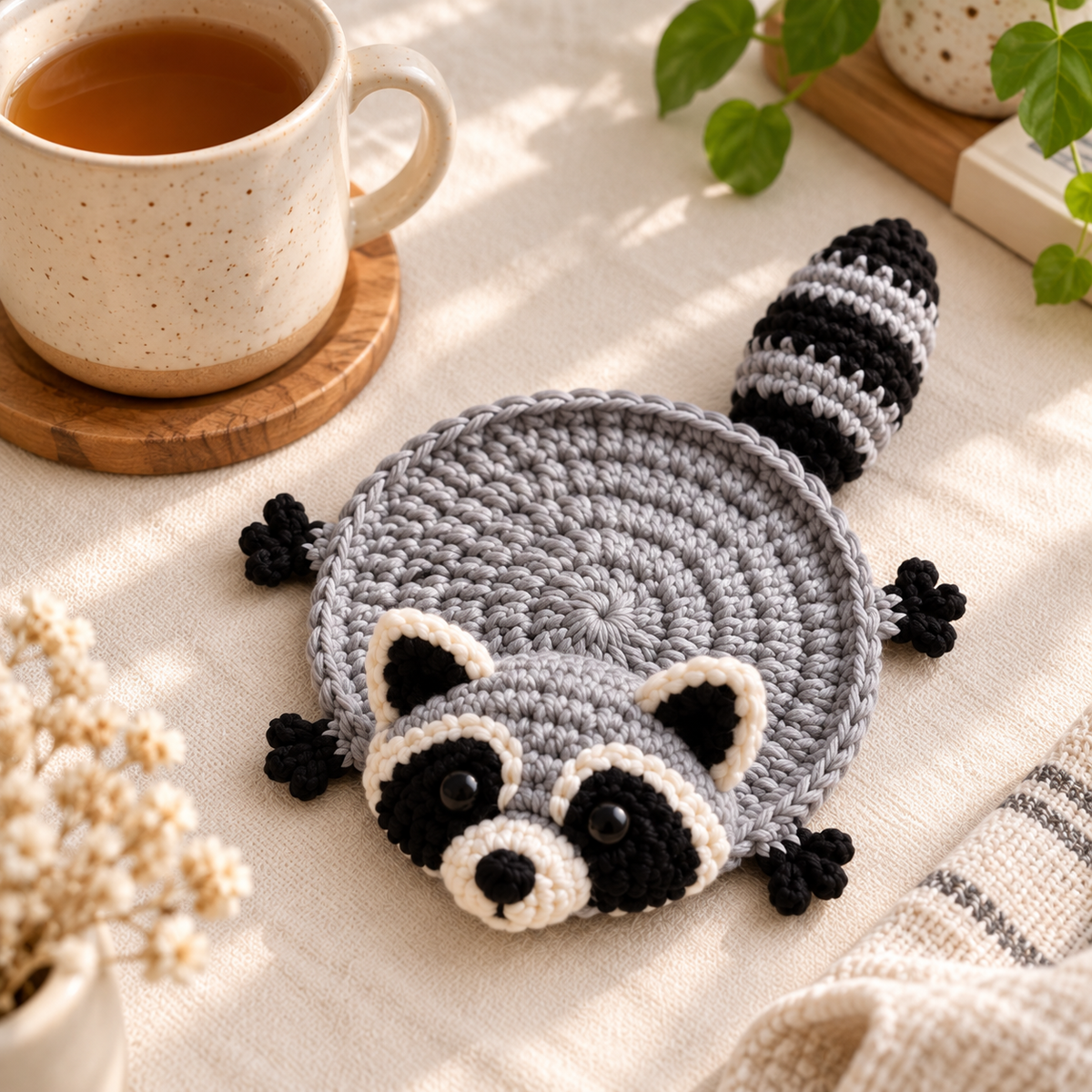 Gray raccoon crochet coaster with striped tail and black eye markings