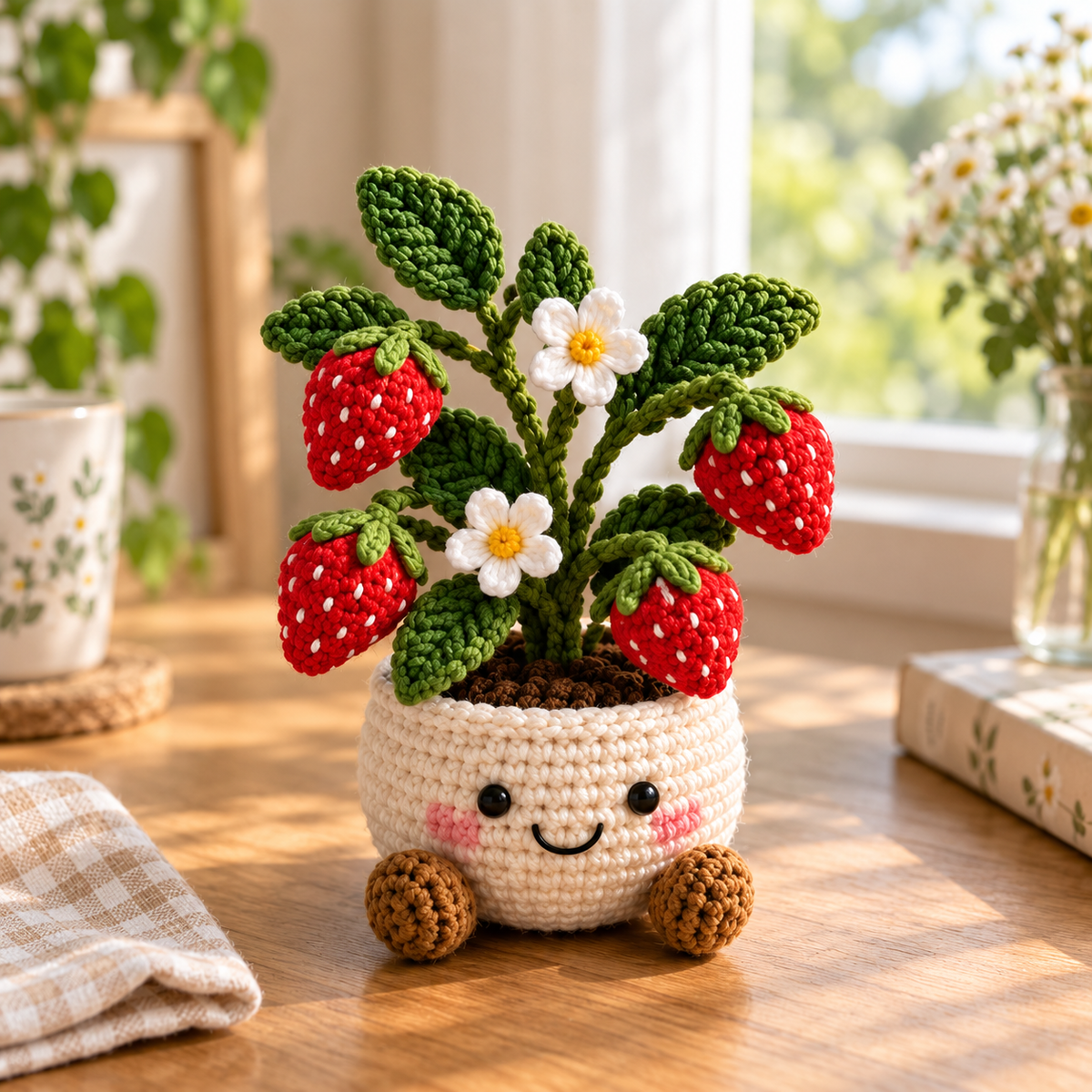 Strawberry crochet plant decor with red strawberries, green leaves, and white flowers