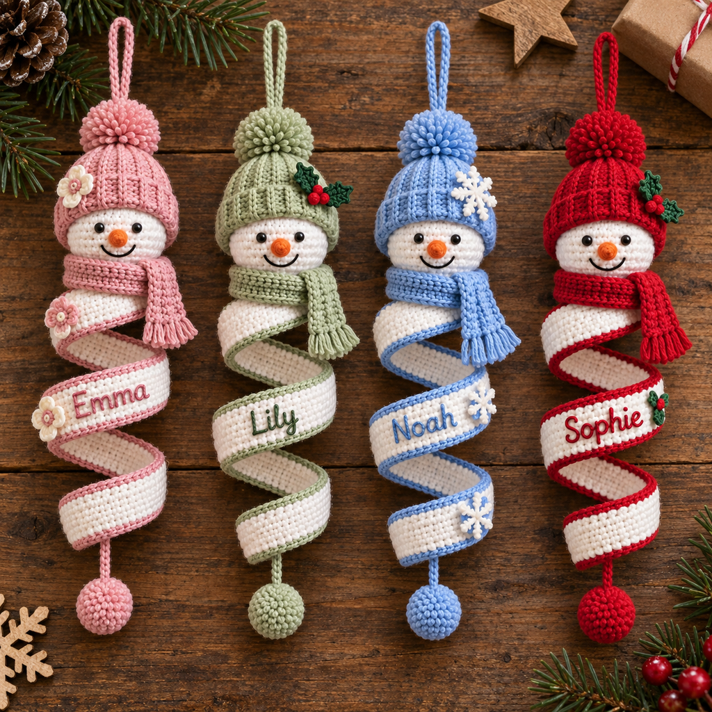 Flat lay of four personalized snowman crochet spiral ornaments with custom name details